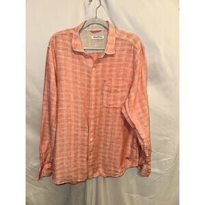Tommy Bahama Shirt Mens XL Salmon White striped 100% Linen Hawaiian Beach Camp